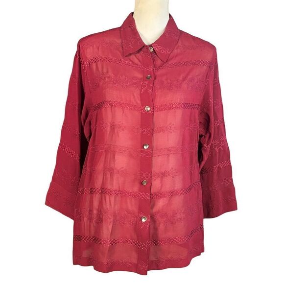 Chico's Blouse Size Large Red Sheer Button Down Embroidered 3/4 Sleeves Casual - Picture 1 of 7